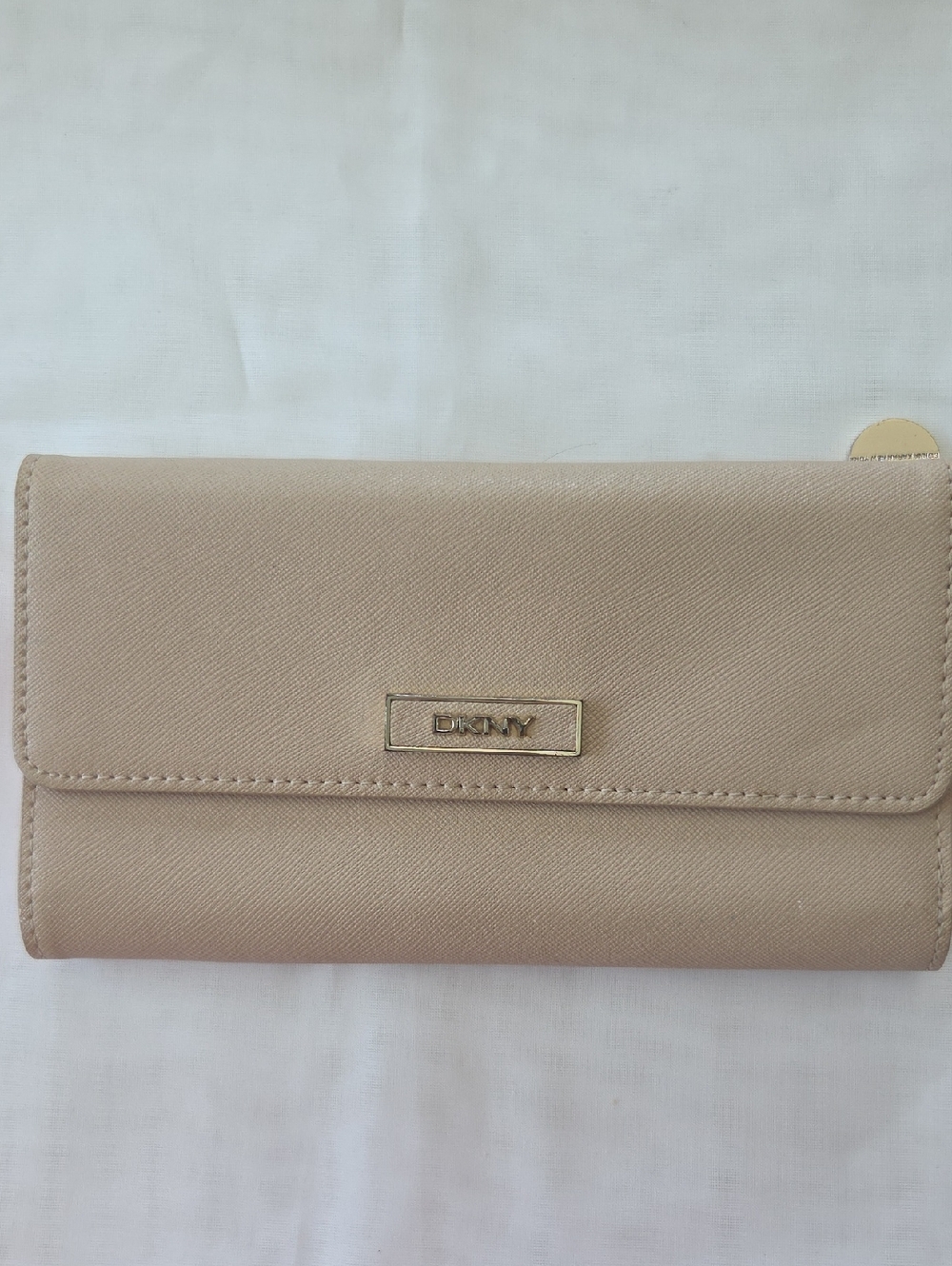 DKNY Neutral Beige Flap Wallet with Gold Logo